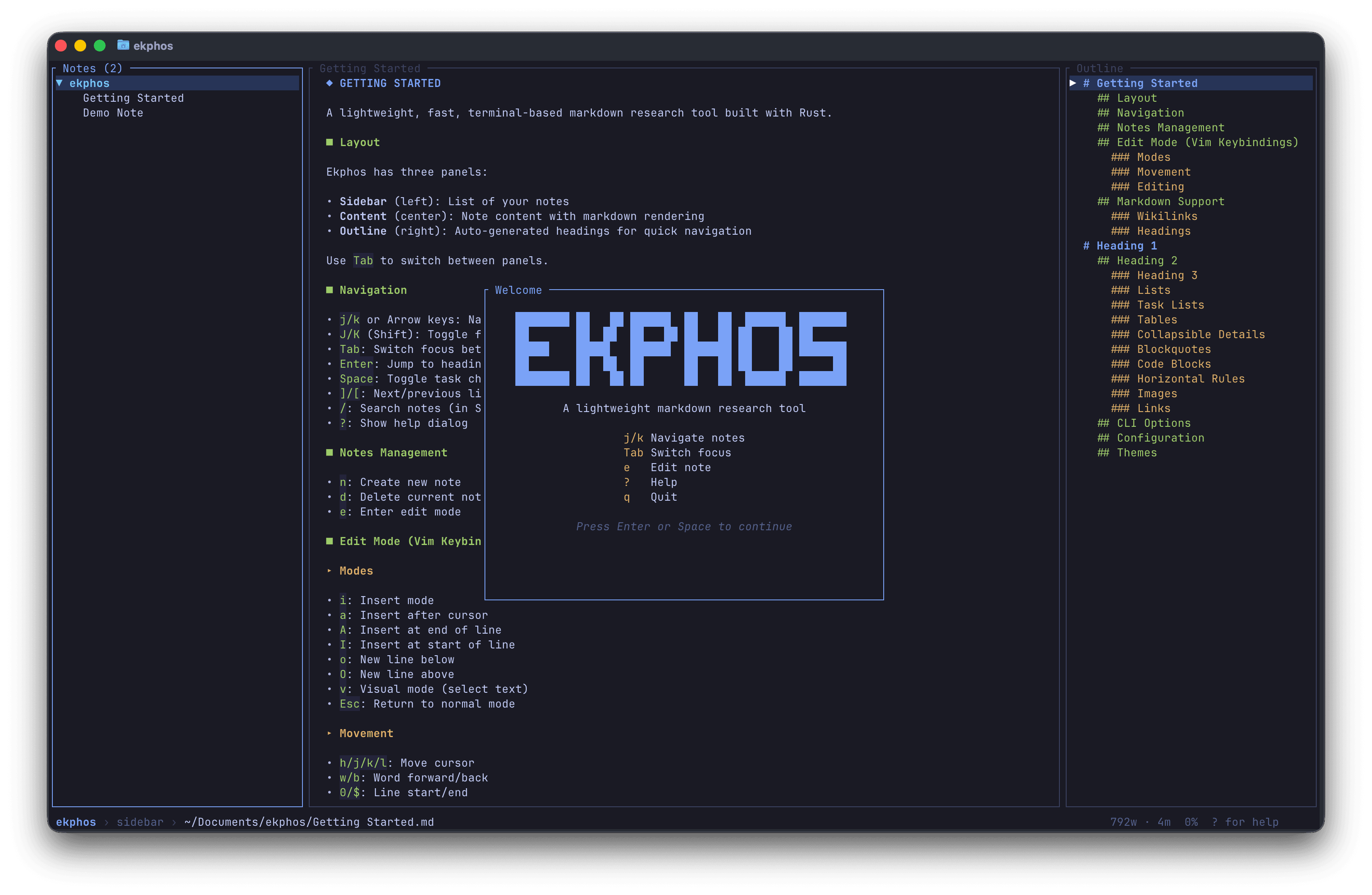 Ekphos TUI screenshot showing three-pane layout with notes sidebar, content view, and outline panel